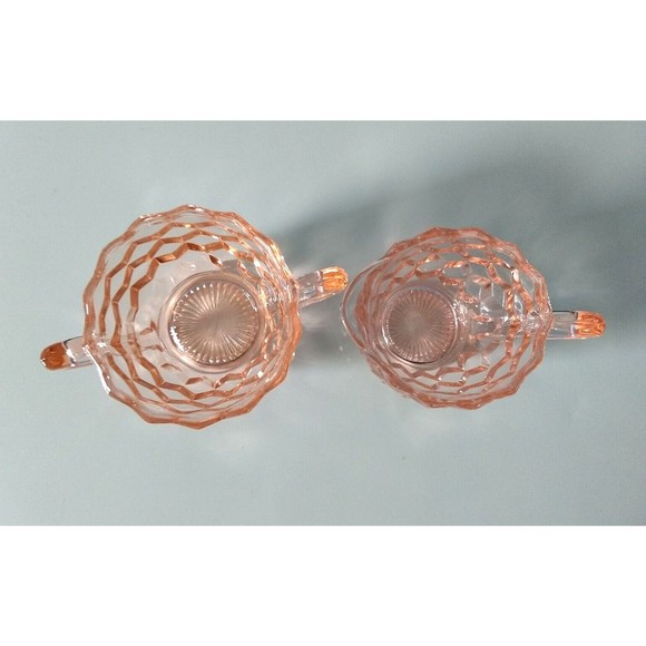 PINK DEPRESSION GLASS Creamer & Sugar Bowl Set Jeanette DIAMOND CUBIST Vintage - Picture 3 of 16
